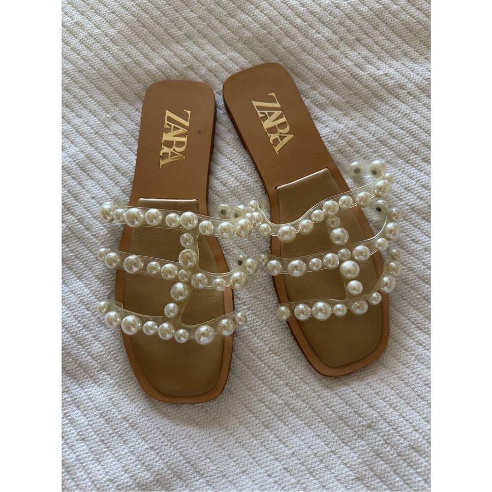 Zara Tan Slide Sandals with Pearl-Strap Detail